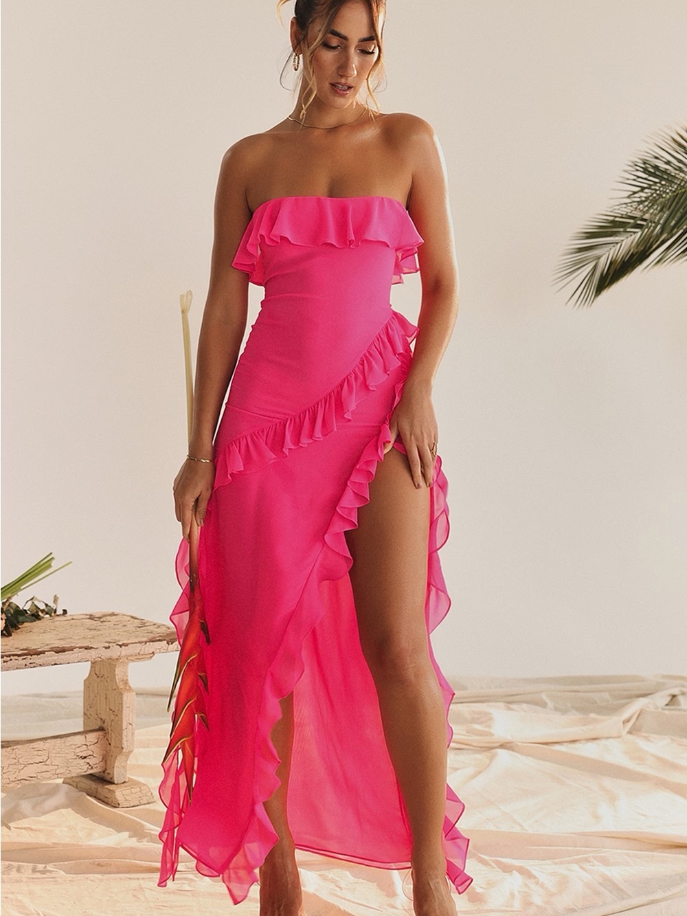 NWT House Of CB Sarina Fuchsia Strapless Ruffle Maxi Dress with High Slit XS